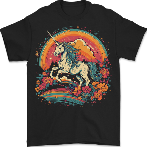 A Unicorn and Fantasy Rainbow Mens T-Shirt 100% Cotton BLACK