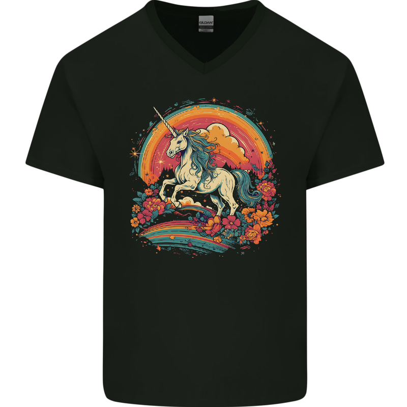 A Unicorn and Fantasy Rainbow Mens V-Neck Cotton T-Shirt Black