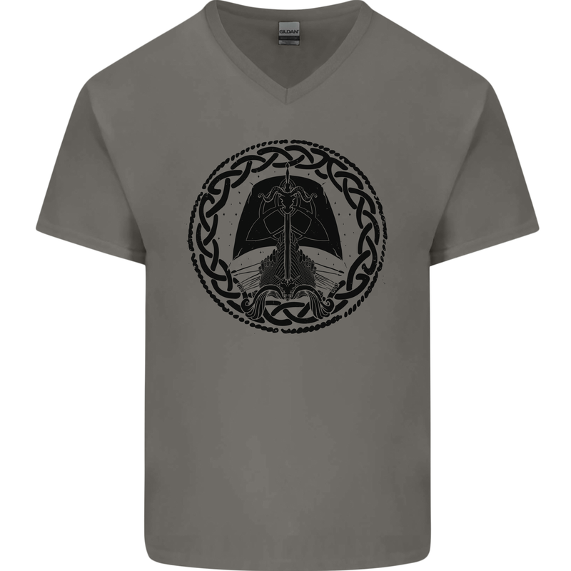 A Viking Ship Mens V-Neck Cotton T-Shirt Charcoal