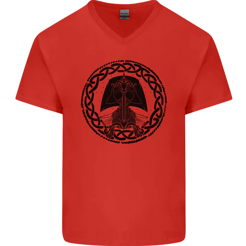 A Viking Ship Mens V-Neck Cotton T-Shirt Red