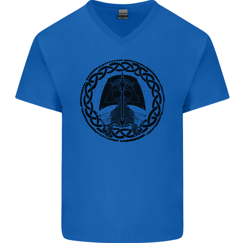 A Viking Ship Mens V-Neck Cotton T-Shirt Royal Blue