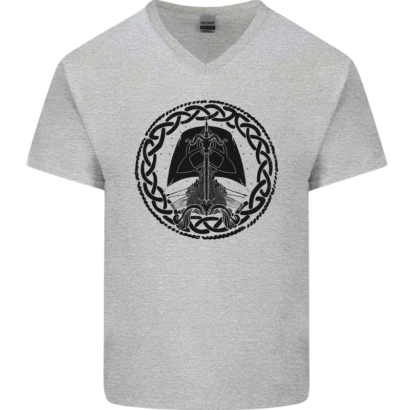 A Viking Ship Mens V-Neck Cotton T-Shirt Sports Grey