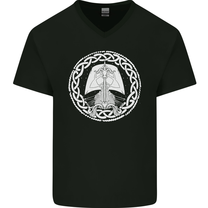 A Viking Ship Thor Odin Valhalla Mens V-Neck Cotton T-Shirt Black