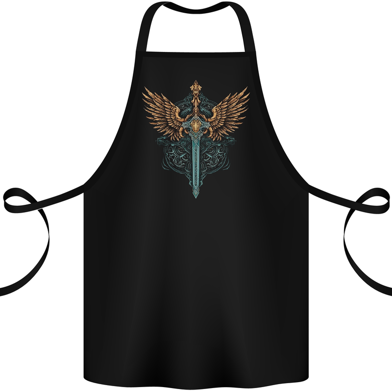 A Viking Sword With Wings Excalibur Tribal Cotton Apron 100% Organic Black