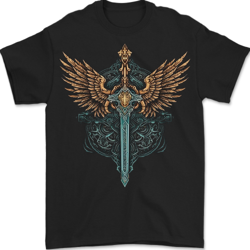 A Viking Sword With Wings Excalibur Tribal Mens T-Shirt 100% Cotton BLACK