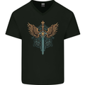 A Viking Sword With Wings Excalibur Tribal Mens V-Neck Cotton T-Shirt Black