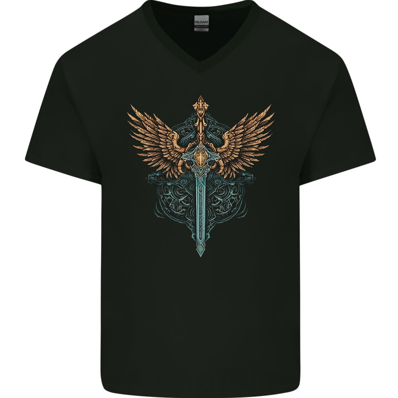 A Viking Sword With Wings Excalibur Tribal Mens V-Neck Cotton T-Shirt Black