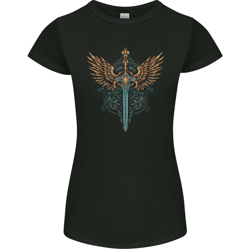 A Viking Sword With Wings Excalibur Tribal Womens Petite Cut T-Shirt Black