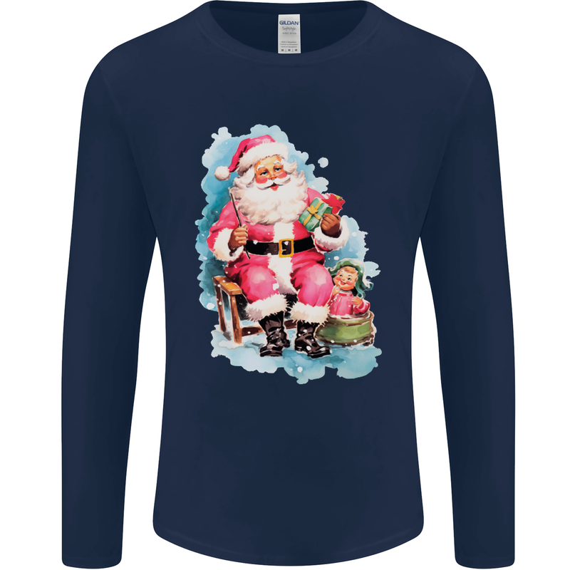 A Vintage Santa Claus Christmas Xmas Mens Long Sleeve T-Shirt Navy Blue