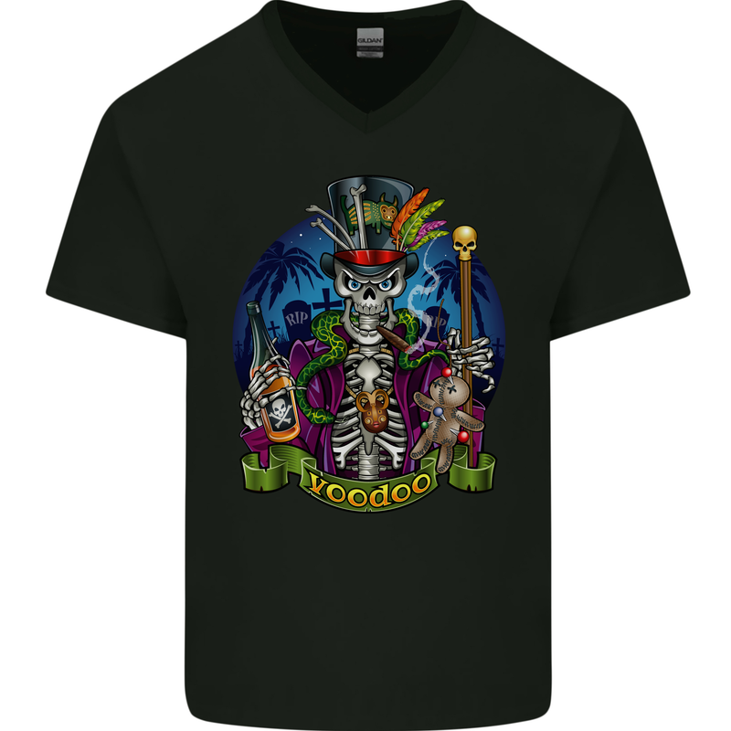 A Voodoo Skeleton Alcohol Doll Graveyard Mens V-Neck Cotton T-Shirt Black