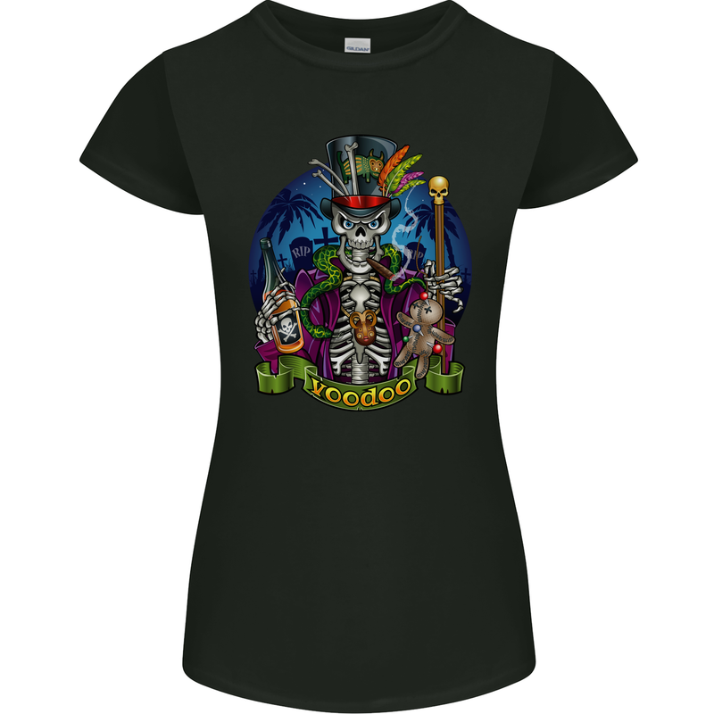 A Voodoo Skeleton Alcohol Doll Graveyard Womens Petite Cut T-Shirt Black