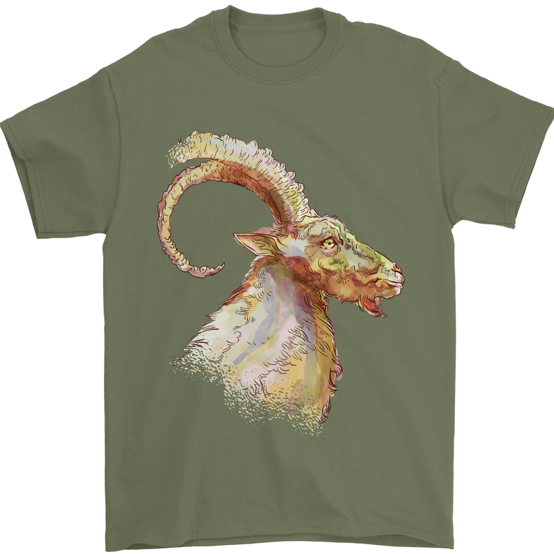 A Watercolour Goat Farming Mens T-Shirt 100% Cotton Military Green