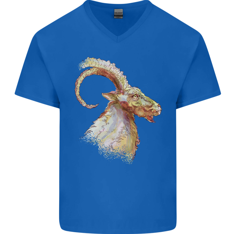 A Watercolour Goat Farming Mens V-Neck Cotton T-Shirt Royal Blue
