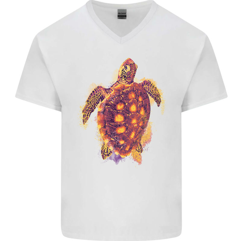 A Watercolour Turtle Mens V-Neck Cotton T-Shirt White