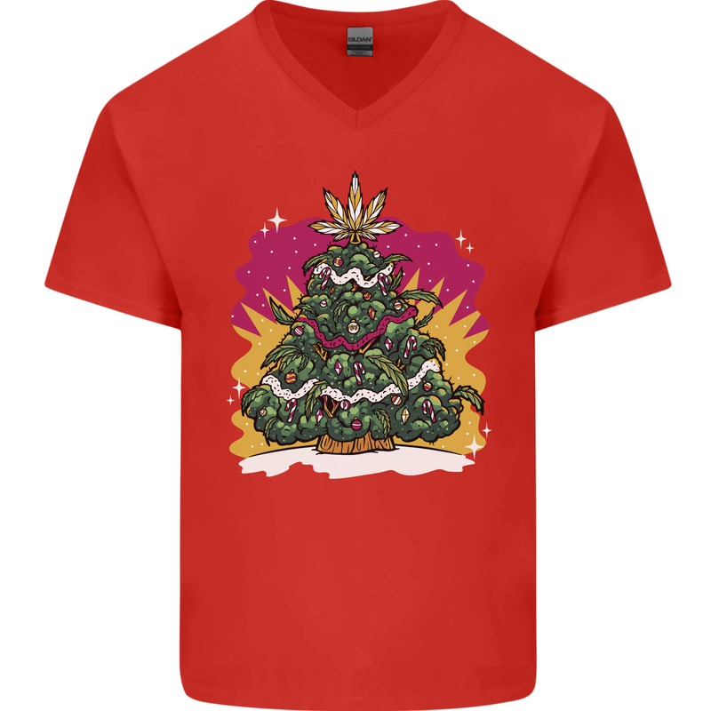 A Weed Christmas Tree Cannabis Trippy Mens V-Neck Cotton T-Shirt Red
