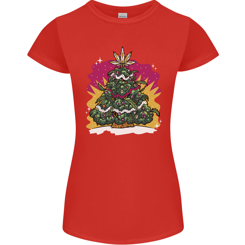 A Weed Christmas Tree Cannabis Trippy Womens Petite Cut T-Shirt Red