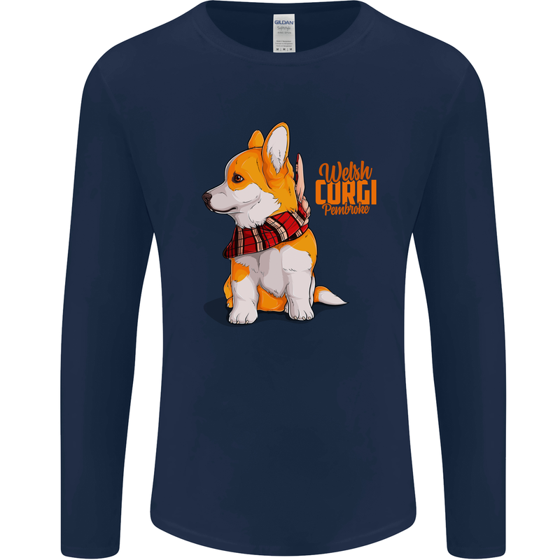 A Welsh Corgi Illustration Mens Long Sleeve T-Shirt Navy Blue