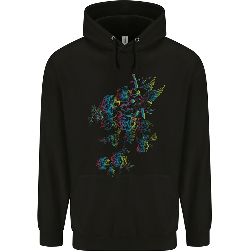 A Winged Skull With Flowers Childrens Kids Hoodie Black