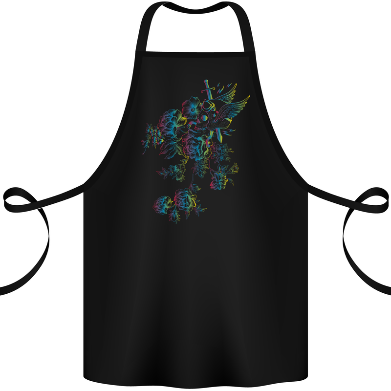 A Winged Skull With Flowers Cotton Apron 100% Organic Black