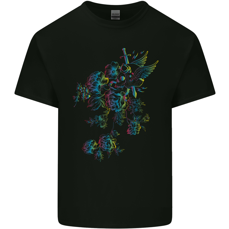 A Winged Skull With Flowers Mens Cotton T-Shirt Tee Top Black
