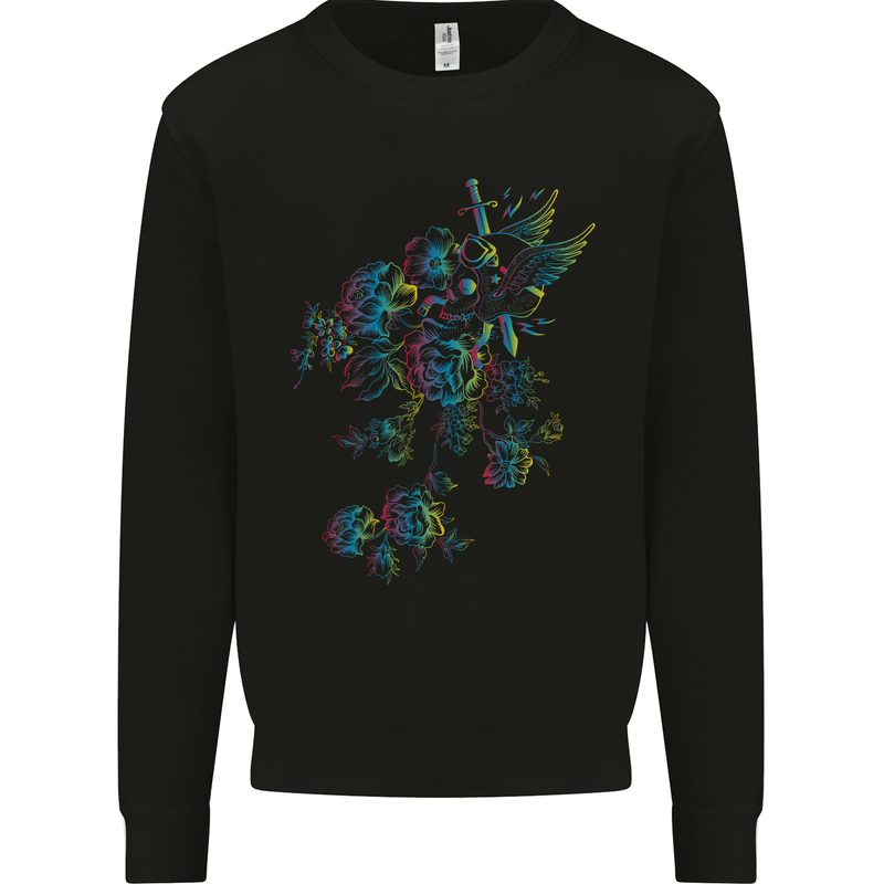 A Winged Skull With Flowers Mens Sweatshirt Jumper Black