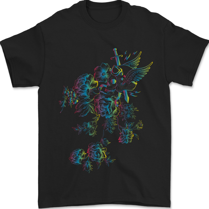 A Winged Skull With Flowers Mens T-Shirt 100% Cotton Black