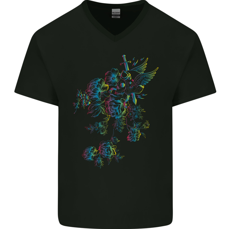 A Winged Skull With Flowers Mens V-Neck Cotton T-Shirt Black