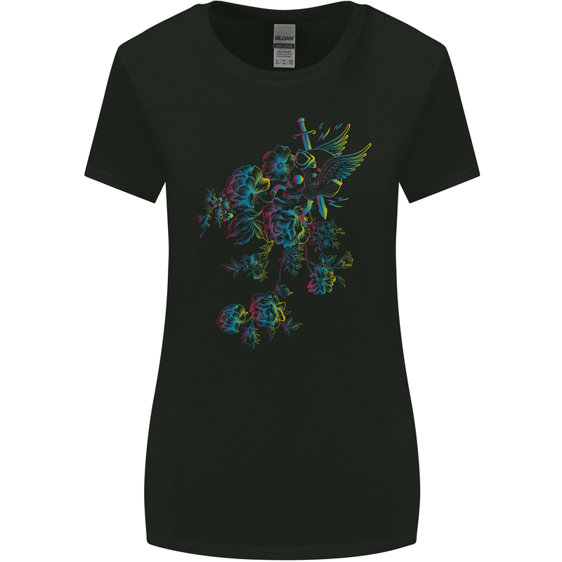 A Winged Skull With Flowers Womens Wider Cut T-Shirt Black