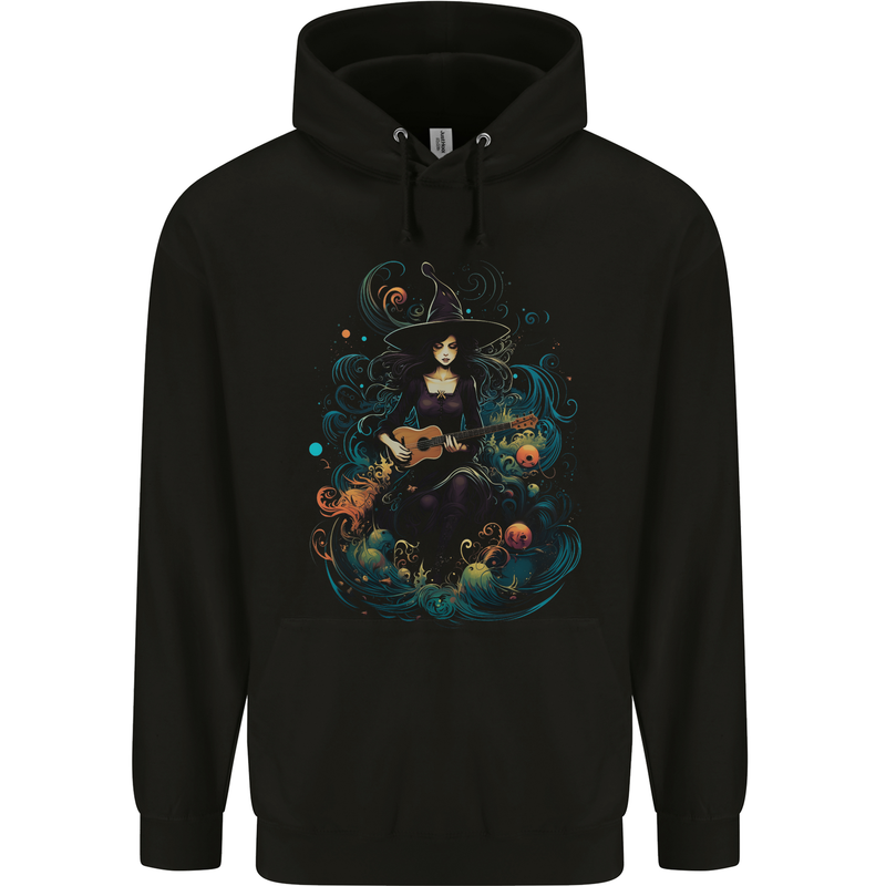 A Witch Playing a Guitar Halloween Fantasy Childrens Kids Hoodie Black