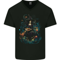 A Witch Playing a Guitar Halloween Fantasy Mens V-Neck Cotton T-Shirt Black