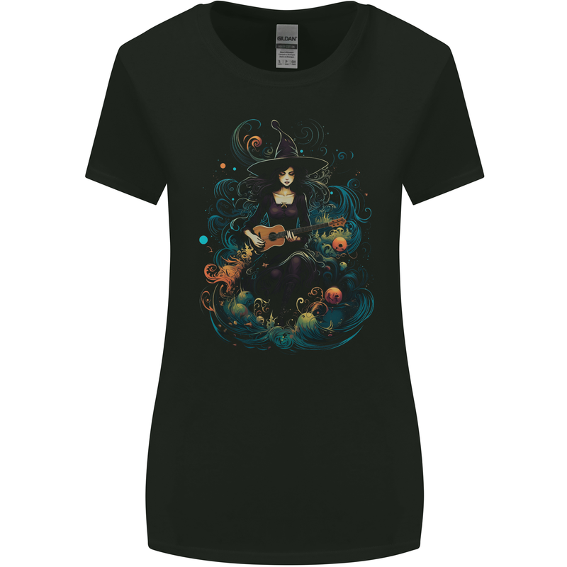 A Witch Playing a Guitar Halloween Fantasy Womens Wider Cut T-Shirt Black