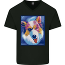 Abstract Australian Shepherd Dog Mens V-Neck Cotton T-Shirt Black