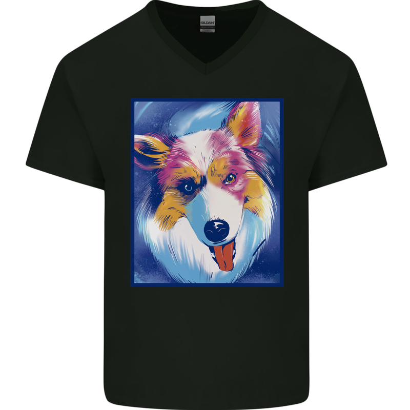 Abstract Australian Shepherd Dog Mens V-Neck Cotton T-Shirt Black