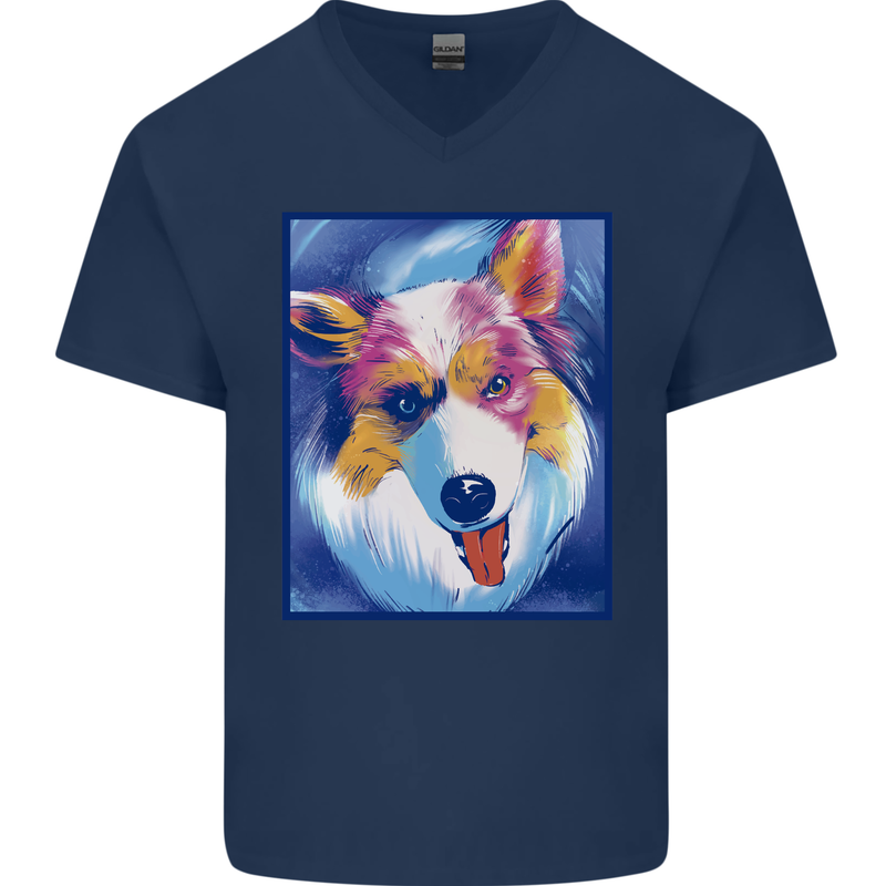 Abstract Australian Shepherd Dog Mens V-Neck Cotton T-Shirt Navy Blue