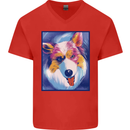 Abstract Australian Shepherd Dog Mens V-Neck Cotton T-Shirt Red