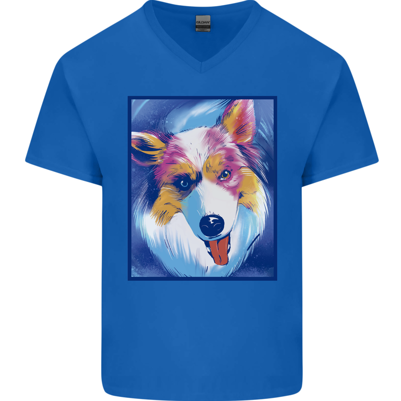 Abstract Australian Shepherd Dog Mens V-Neck Cotton T-Shirt Royal Blue