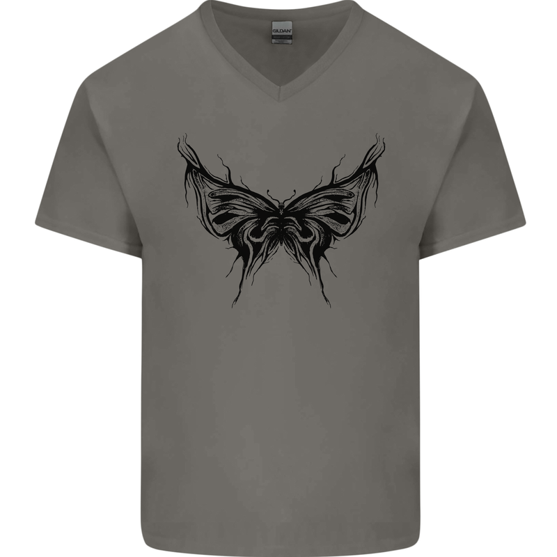 Abstract Butterfly Mens V-Neck Cotton T-Shirt Charcoal