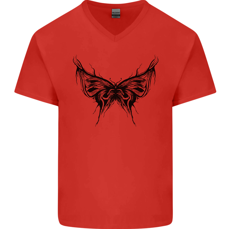 Abstract Butterfly Mens V-Neck Cotton T-Shirt Red