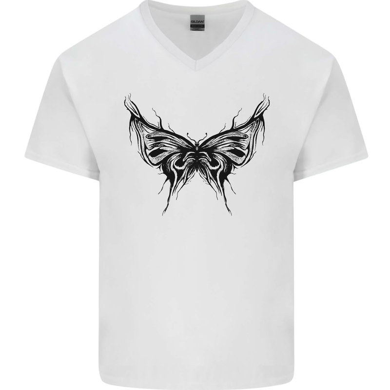 Abstract Butterfly Mens V-Neck Cotton T-Shirt White