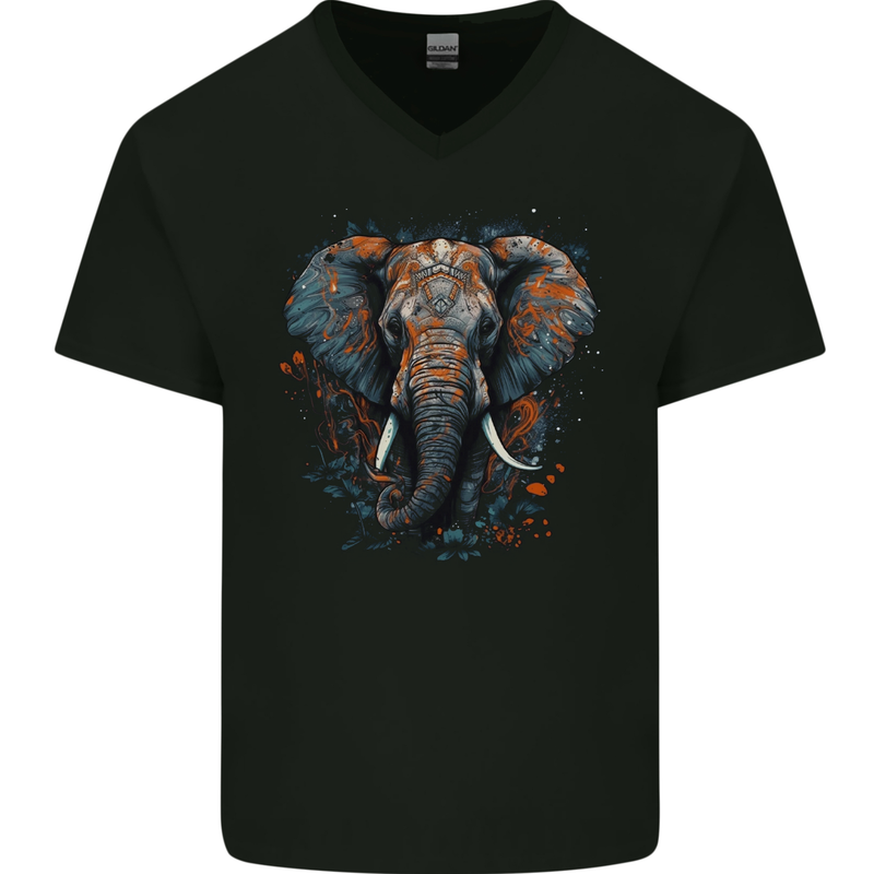 Abstract Elephant Mens V-Neck Cotton T-Shirt Black