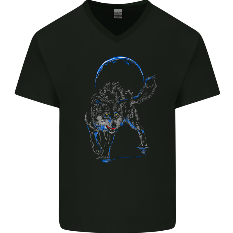 Abstract Wolf With the Moon Werewolf Lycan Mens V-Neck Cotton T-Shirt Black
