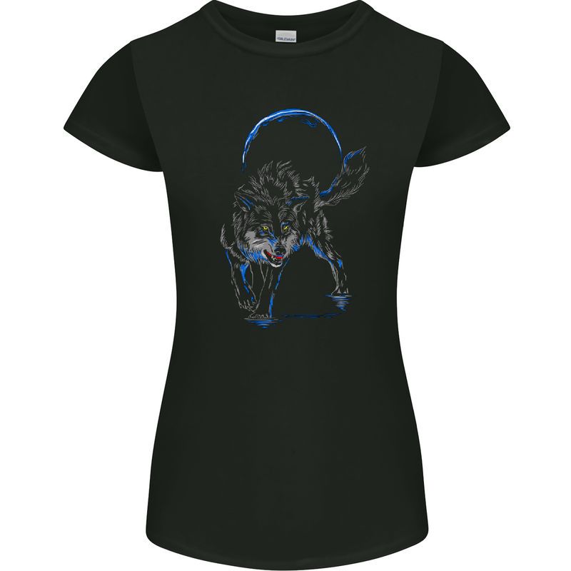 Abstract Wolf With the Moon Werewolf Lycan Womens Petite Cut T-Shirt Black