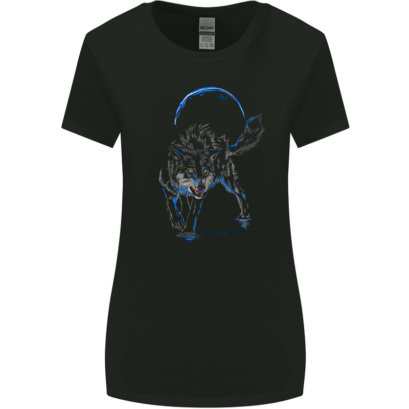 Abstract Wolf With the Moon Werewolf Lycan Womens Wider Cut T-Shirt Black