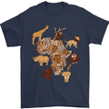 Africa Wildlife Map Giraffe Rhino Ape Elephant Lion Mens T-Shirt 100% Cotton Navy Blue
