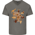 Africa Wildlife Map Giraffe Rhino Ape Elephant Lion Mens V-Neck Cotton T-Shirt Charcoal