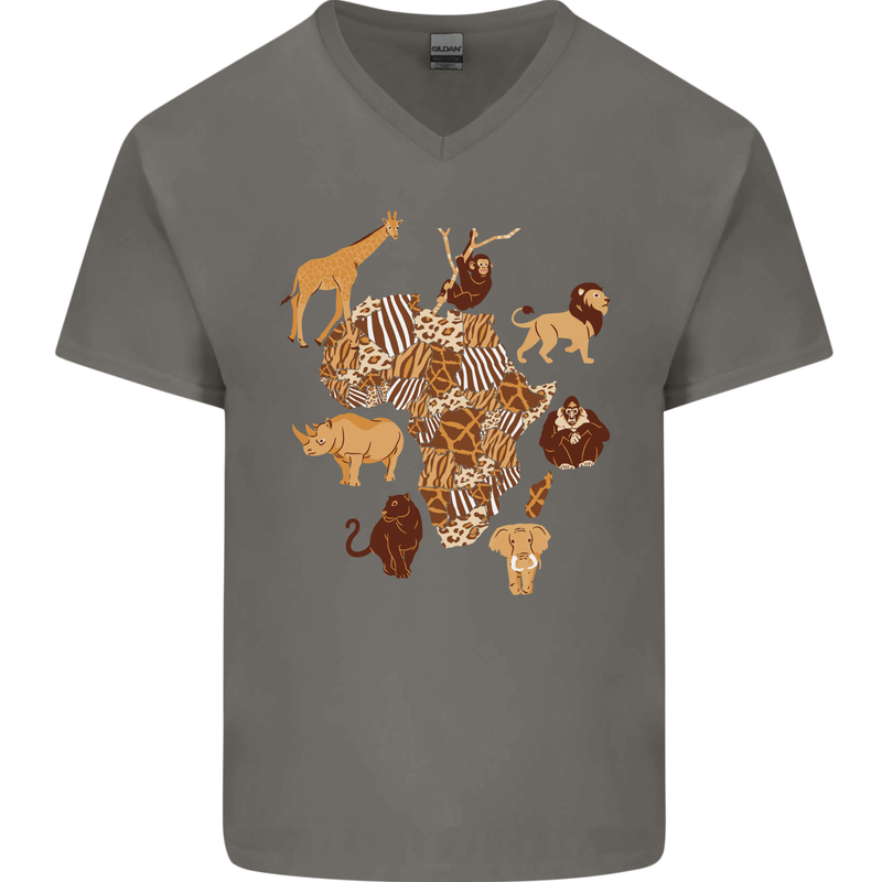 Africa Wildlife Map Giraffe Rhino Ape Elephant Lion Mens V-Neck Cotton T-Shirt Charcoal