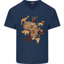 Africa Wildlife Map Giraffe Rhino Ape Elephant Lion Mens V-Neck Cotton T-Shirt Navy Blue