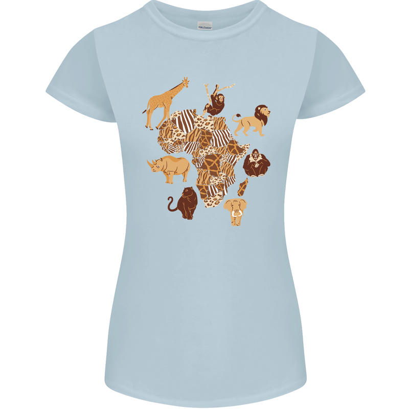 Africa Wildlife Map Giraffe Rhino Ape Elephant Lion Womens Petite Cut T-Shirt Light Blue