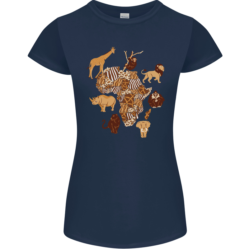 Africa Wildlife Map Giraffe Rhino Ape Elephant Lion Womens Petite Cut T-Shirt Navy Blue