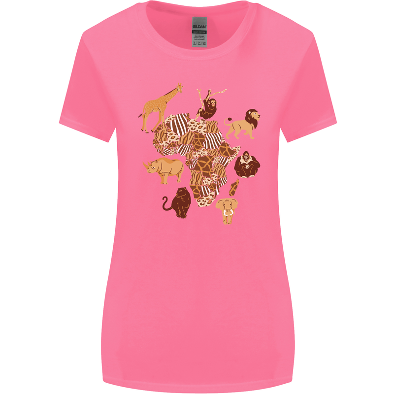 Africa Wildlife Map Giraffe Rhino Ape Elephant Lion Womens Wider Cut T-Shirt Azalea